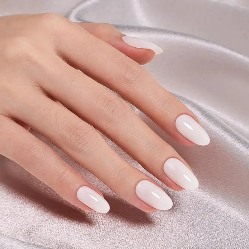Milky White Beetles Press on Nails | One Reusable Kit (Glue & Tools Included) | No UV Lamp Needed | Natural Glossy Finish | Pre Designed Stick on False Nails with Glue Almond/Square/Coffin/Squoval 16Sizes 32Pcs #Summervibes