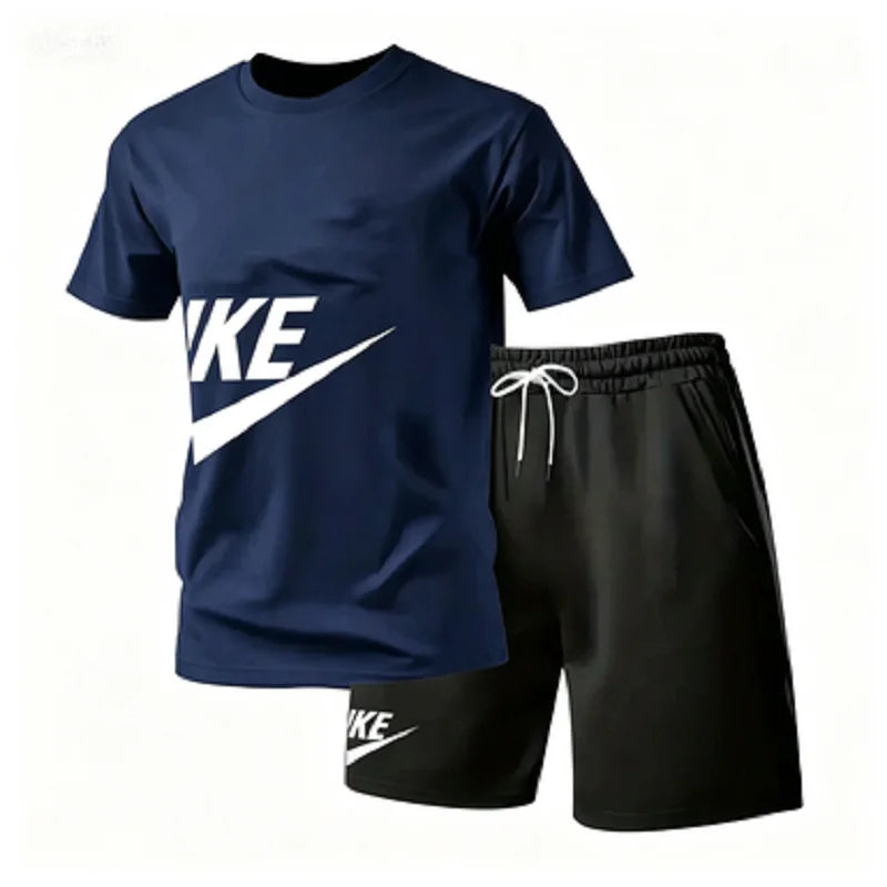 Summer Fashion Street Short Sleeved Sports Suit Men'S Sports Shirt Set Men'S round Neck Short Sleeved Shorts Sports Suit 2-Piece