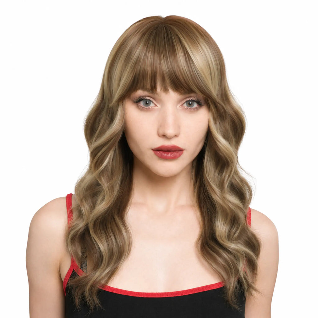 New 'DOLL ME PETITE' 20-Inch Light Copper-Tint Spring Chestnut Brown (All-Over Muted Light Blonde Highlights) Subtle Layered Open Curl Butterfly Cut W/ Fettered Bangs Synthetic Wig | 【Heat Resistant】 【Cap Included】 | #FSG62