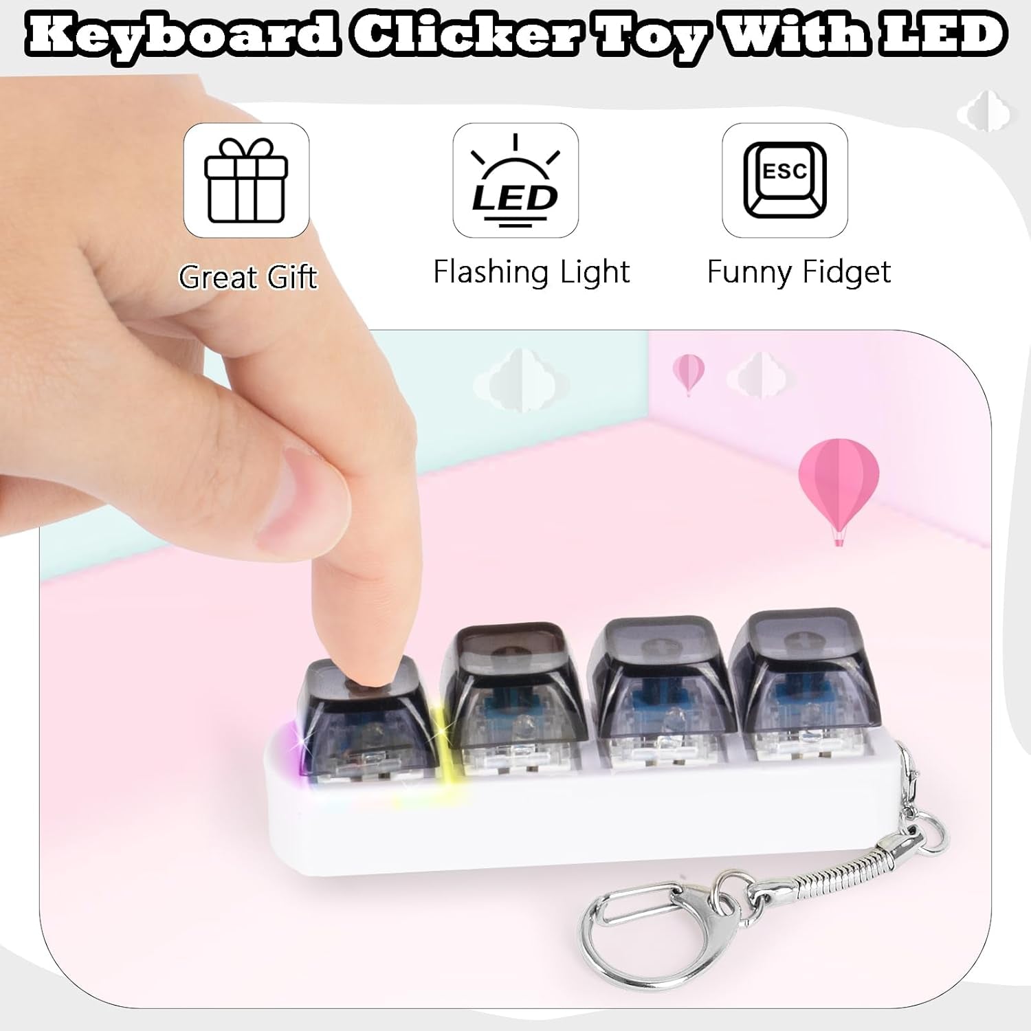 Keyboard Fidget Toy for Adults Keyboard Clicker with LED Light Keychain Fidget Stress Relief Sensory Toy