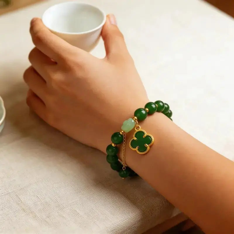 Money Magnet! Lucky Four-Leaf Clover Green Aventurine Bracelet - Manifest Wealth & Prosperity Crystal Charm