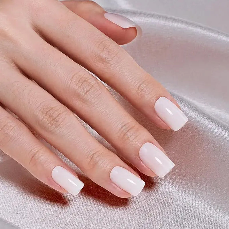 Milky White Beetles Press on Nails | One Reusable Kit (Glue & Tools Included) | No UV Lamp Needed | Natural Glossy Finish | Pre Designed Stick on False Nails with Glue Almond/Square/Coffin/Squoval 16Sizes 32Pcs #Summervibes