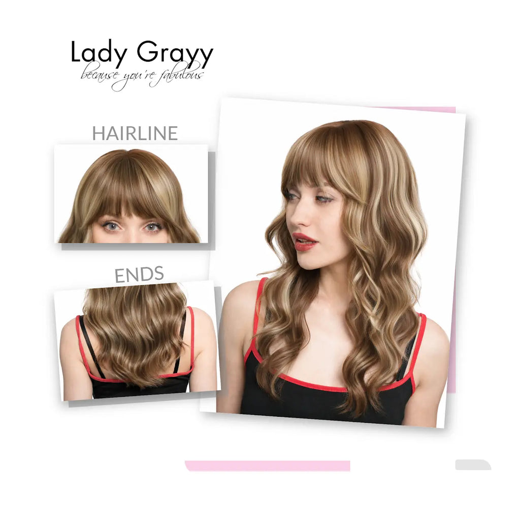 New 'DOLL ME PETITE' 20-Inch Light Copper-Tint Spring Chestnut Brown (All-Over Muted Light Blonde Highlights) Subtle Layered Open Curl Butterfly Cut W/ Fettered Bangs Synthetic Wig | 【Heat Resistant】 【Cap Included】 | #FSG62