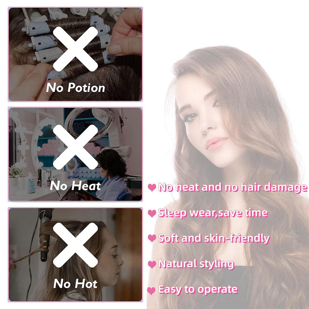 Pink Heatless Hair Curler Silk New Upgradeed No Heat Curling Rode Headband for Long Hair Soft Hair Curls with Removeable & Adjustable to Sleep in Hair Curls