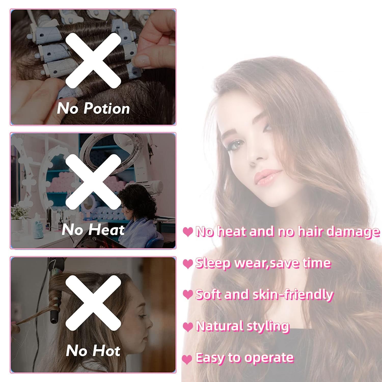 Pink Heatless Hair Curler Silk New Upgradeed No Heat Curling Rode Headband for Long Hair Soft Hair Curls with Removeable & Adjustable to Sleep in Hair Curls