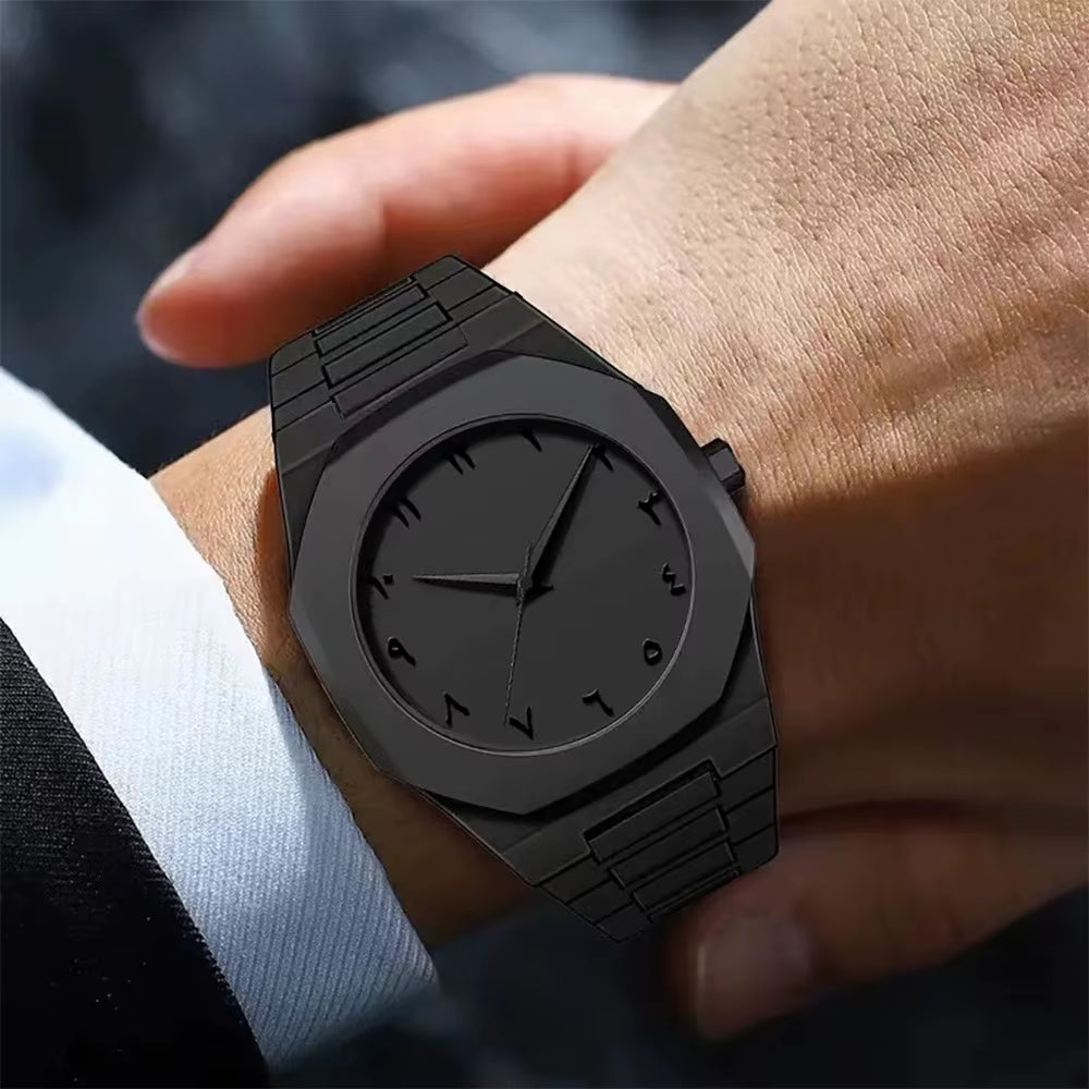 New Fashionable Men'S Watch Simple Black Male Quartz Watches Arabic Digital Casual Drip Oil Strap