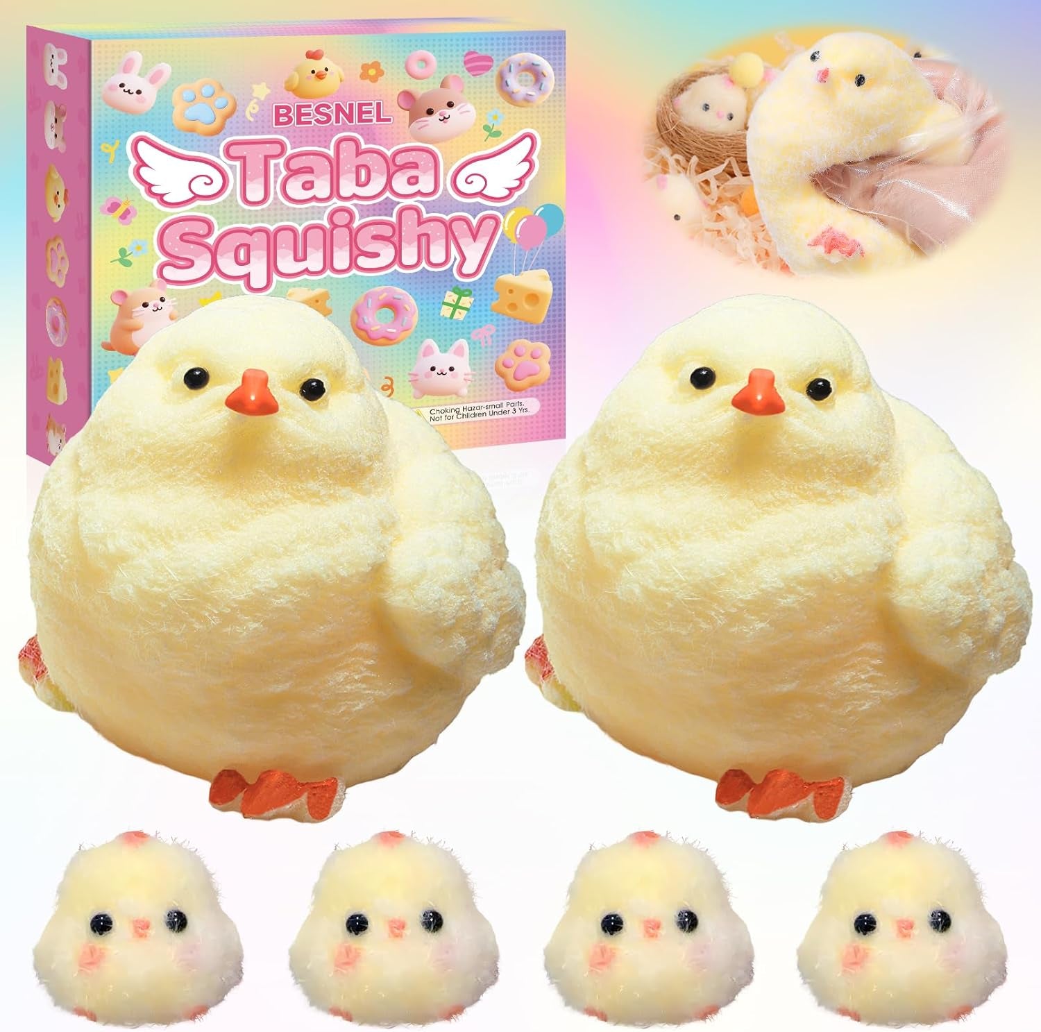 6Pcs Big Taba Squishy Fidget Toys-3.15In, Handmade Ultra Soft Chick Taba Squishy Kit, Cute Fidget Toys Silicone Squeeze Toys for Kids & Adults Stress Relief（Chicken）