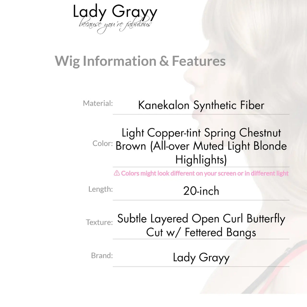 New 'DOLL ME PETITE' 20-Inch Light Copper-Tint Spring Chestnut Brown (All-Over Muted Light Blonde Highlights) Subtle Layered Open Curl Butterfly Cut W/ Fettered Bangs Synthetic Wig | 【Heat Resistant】 【Cap Included】 | #FSG62