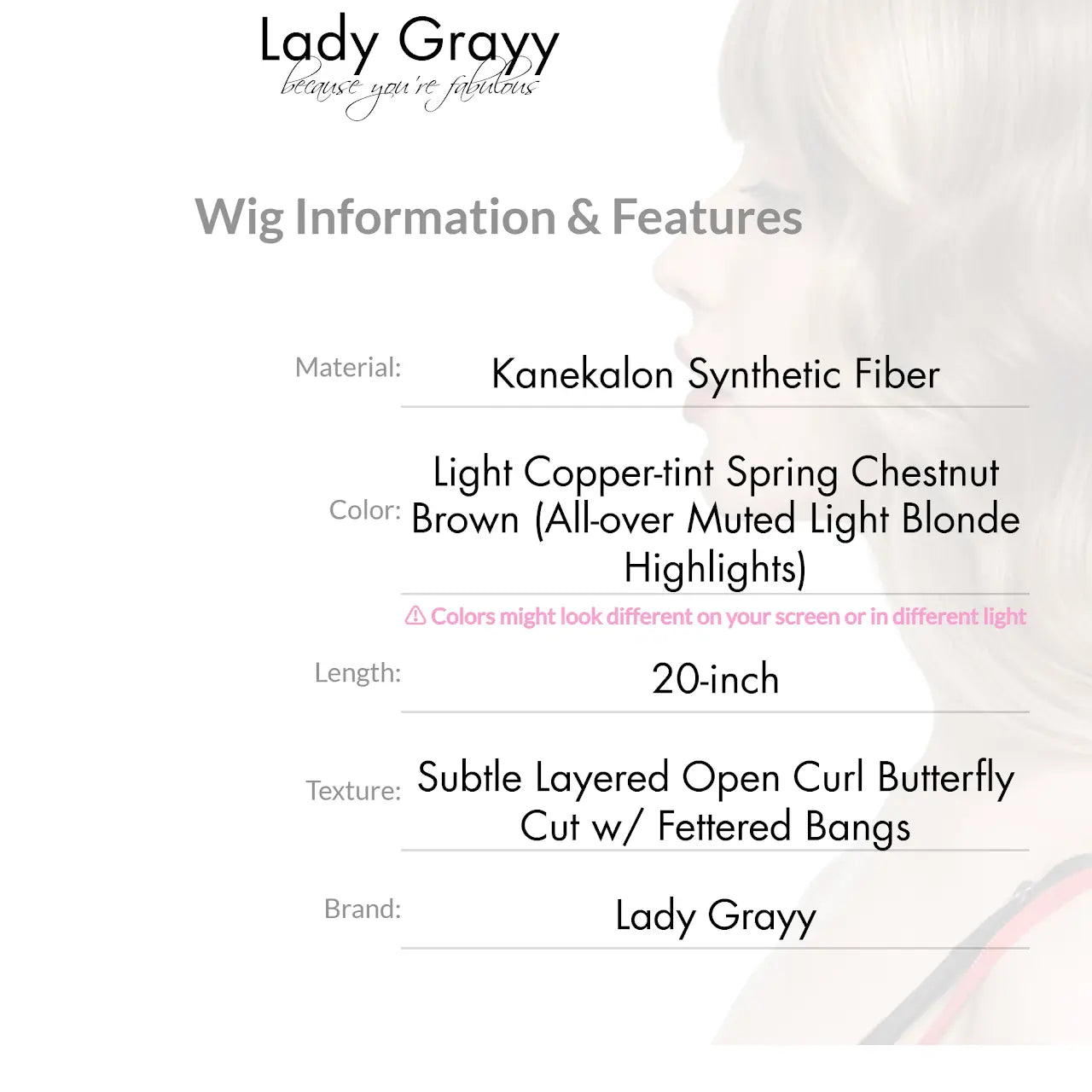 New 'DOLL ME PETITE' 20-Inch Light Copper-Tint Spring Chestnut Brown (All-Over Muted Light Blonde Highlights) Subtle Layered Open Curl Butterfly Cut W/ Fettered Bangs Synthetic Wig | 【Heat Resistant】 【Cap Included】 | #FSG62