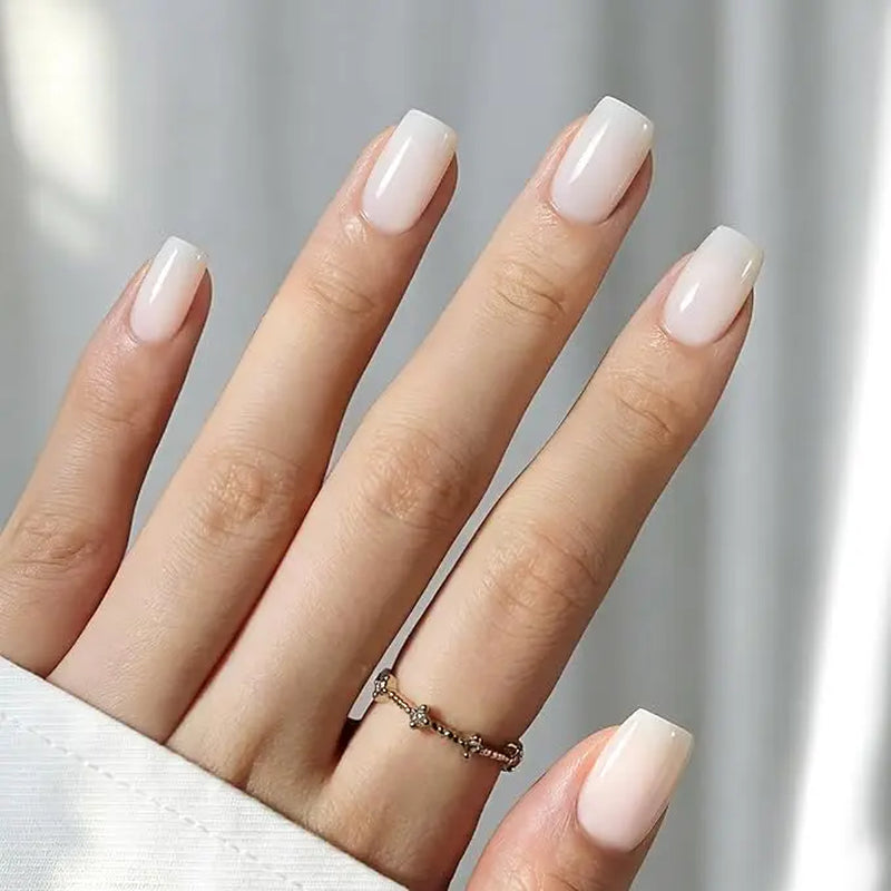 Milky White Beetles Press on Nails | One Reusable Kit (Glue & Tools Included) | No UV Lamp Needed | Natural Glossy Finish | Pre Designed Stick on False Nails with Glue Almond/Square/Coffin/Squoval 16Sizes 32Pcs #Summervibes