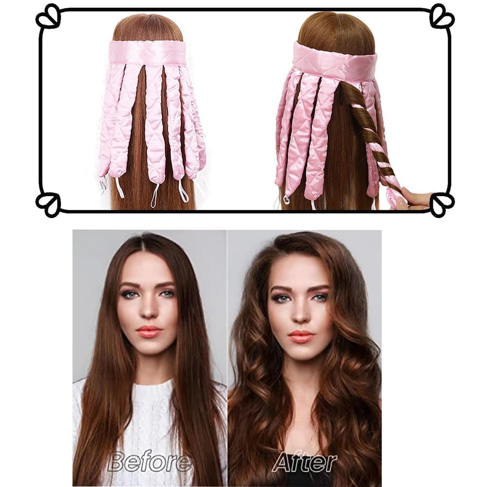 Pink Heatless Hair Curler Silk New Upgradeed No Heat Curling Rode Headband for Long Hair Soft Hair Curls with Removeable & Adjustable to Sleep in Hair Curls