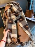 Plaid & Heart Pattern Tassel Decor Shawl, Elegant Soft Warm Thick Shawl for Women & Men, Fashion Accessories for Fall & Winter, Double Sided Shawl, Shawl Wrap, Double Sided Scarf