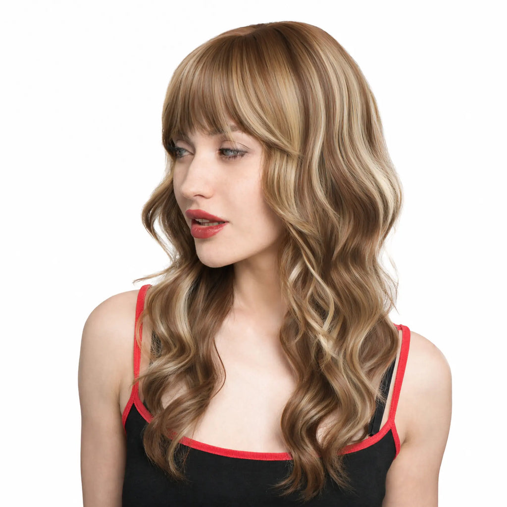 New 'DOLL ME PETITE' 20-Inch Light Copper-Tint Spring Chestnut Brown (All-Over Muted Light Blonde Highlights) Subtle Layered Open Curl Butterfly Cut W/ Fettered Bangs Synthetic Wig | 【Heat Resistant】 【Cap Included】 | #FSG62