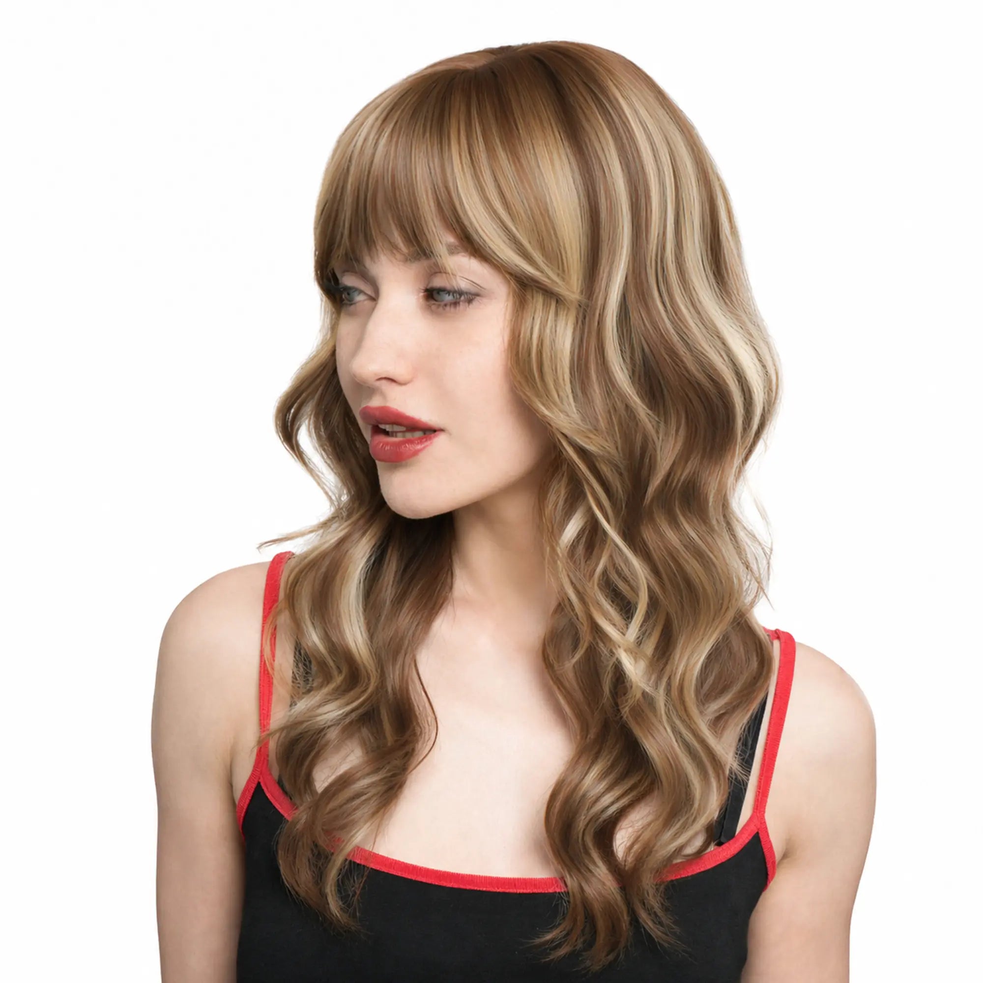 New 'DOLL ME PETITE' 20-Inch Light Copper-Tint Spring Chestnut Brown (All-Over Muted Light Blonde Highlights) Subtle Layered Open Curl Butterfly Cut W/ Fettered Bangs Synthetic Wig | 【Heat Resistant】 【Cap Included】 | #FSG62