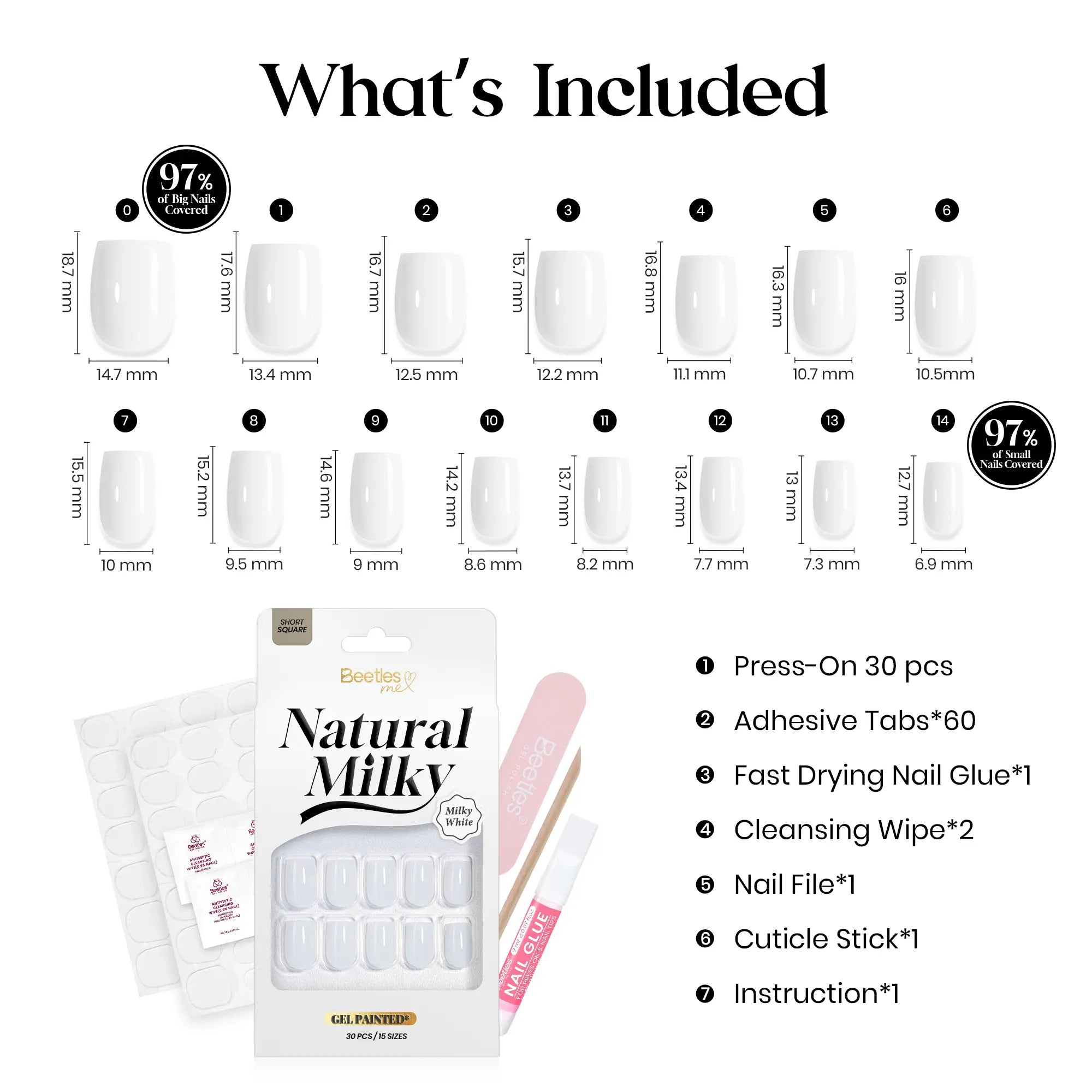Milky White Beetles Press on Nails | One Reusable Kit (Glue & Tools Included) | No UV Lamp Needed | Natural Glossy Finish | Pre Designed Stick on False Nails with Glue Almond/Square/Coffin/Squoval 16Sizes 32Pcs #Summervibes