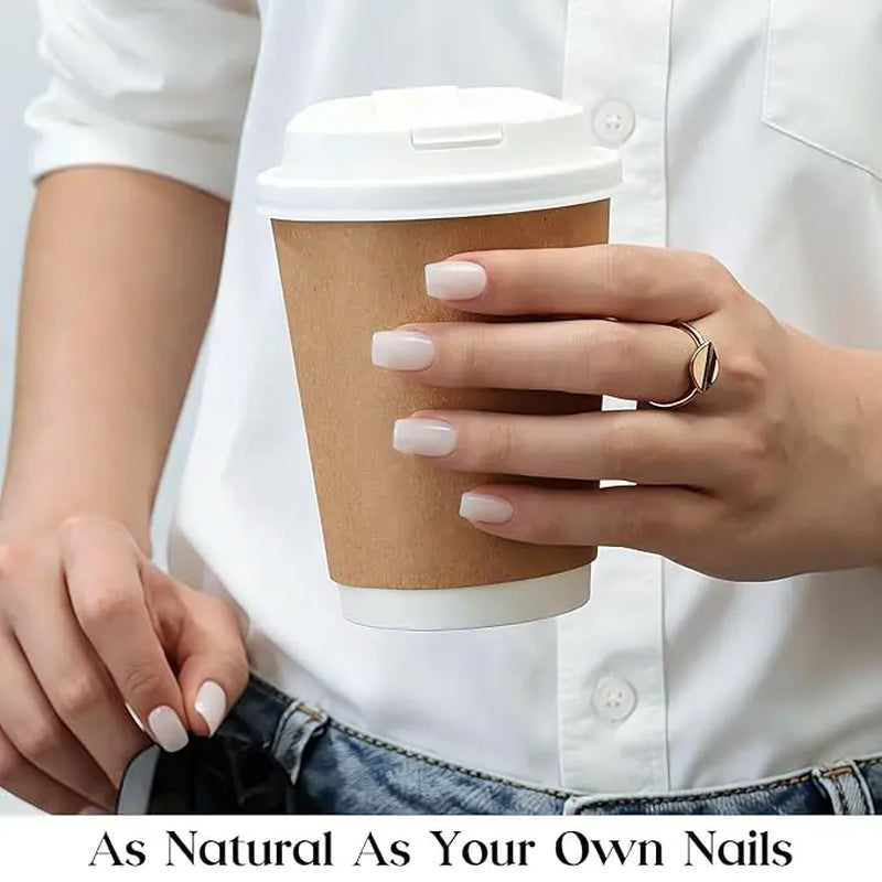 Milky White Beetles Press on Nails | One Reusable Kit (Glue & Tools Included) | No UV Lamp Needed | Natural Glossy Finish | Pre Designed Stick on False Nails with Glue Almond/Square/Coffin/Squoval 16Sizes 32Pcs #Summervibes